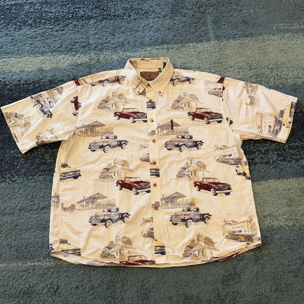 North River Outfitters Vintage Cars Print Button Down Short Sleeve Shirt Mens XL
